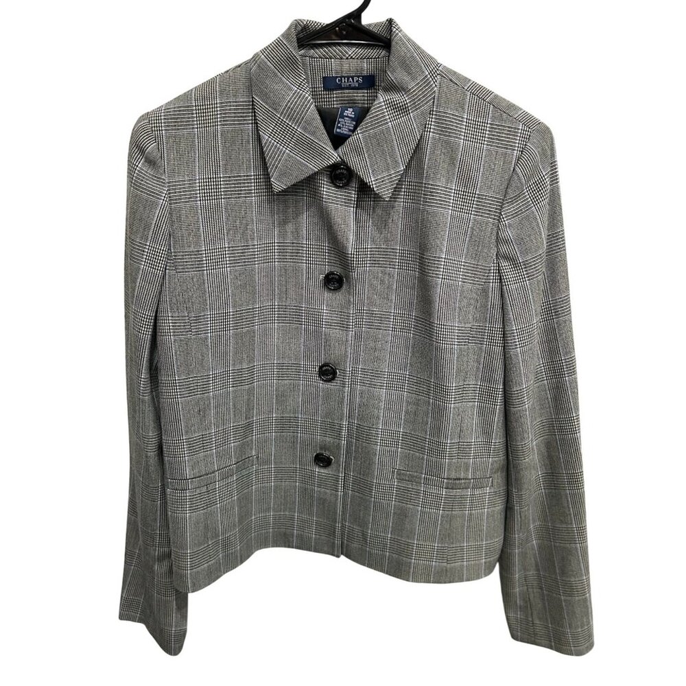 Chaps Womens Plaid Blazer Size 10 Gray Three Button